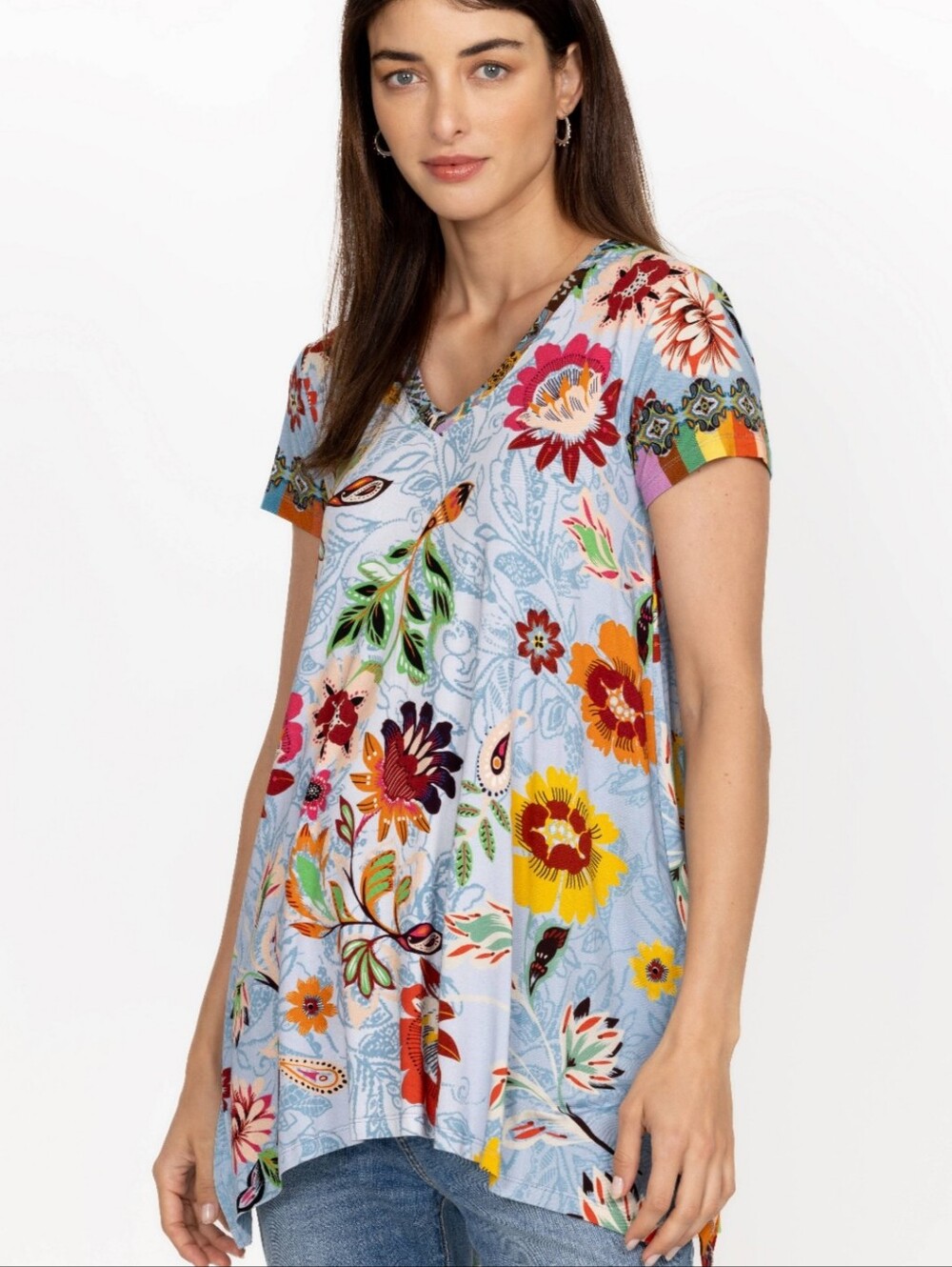 Johnny Was Rainbow Floral Drapped Tunic Bamboo Jersey Stretch